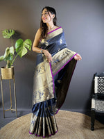 Thumbnail for Joban Fashion Navy Blue Striped With Floral Motifs Soft Silk Leheriya Saree