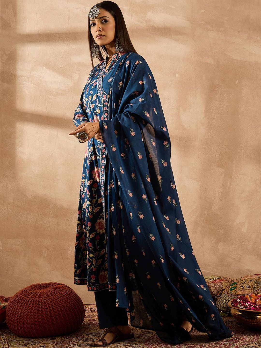 Indo Era Women Floral Printed Angrakha Beads and Stones Pure Cotton Kurta with Trousers & With Dupatta