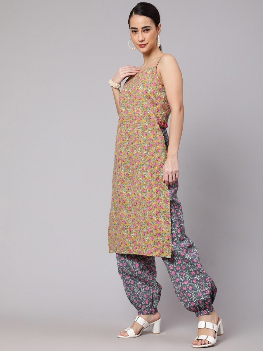 Aks Floral Printed Shoulder Straps Pure Cotton Kurta with Harem Pants - Distacart