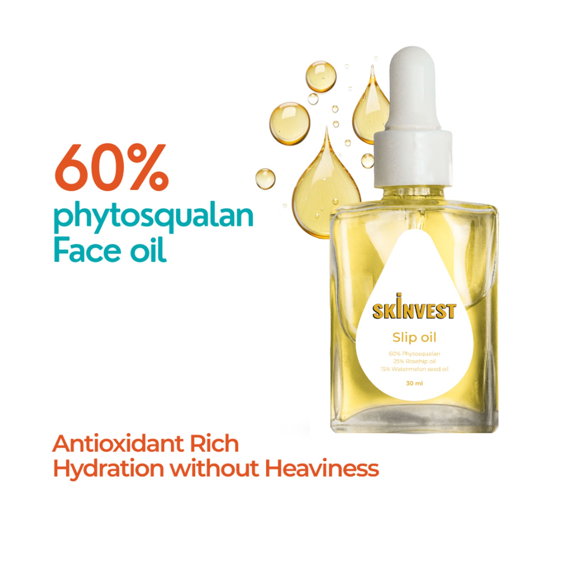 Skinvest Slip Oil Facial Oil with 60% Phytosqualan, Rosehip & Watermelon Seed Oil