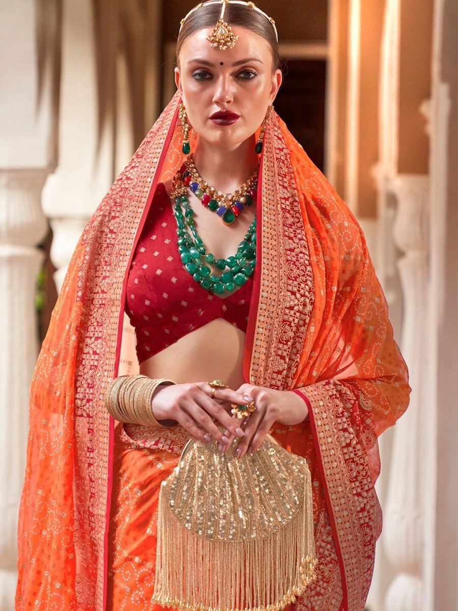 Anouk Orange & Red Bandhani Beads and Stones Pure Georgette Saree - Distacart