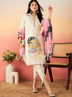 Thumbnail for Sangria Off White Ethnic Motifs Self Design Thread Work Pure Cotton Pathani Kurta Sets