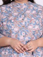 Thumbnail for Swasti Plus Size Floral Printed Mandarin Collar Cotton A-Line Midi Ethnic Dress