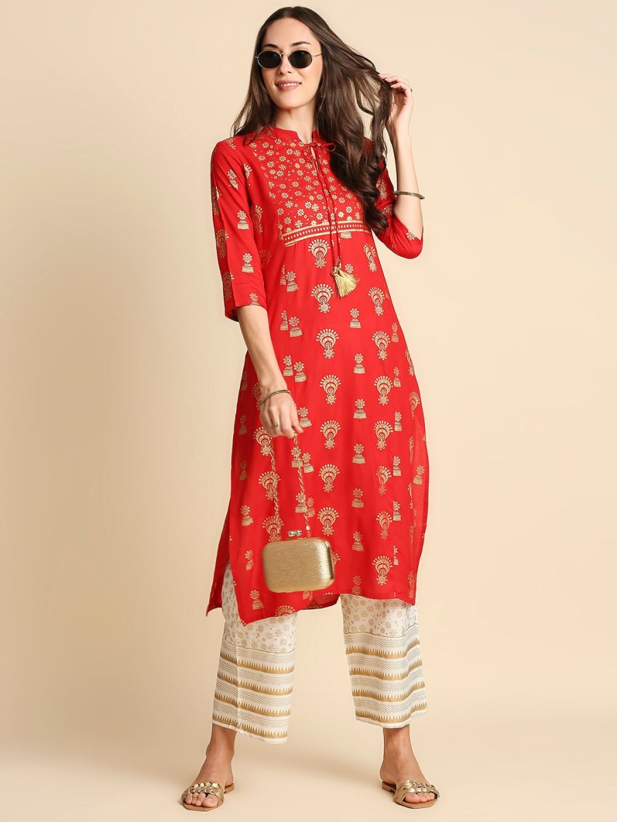 Anubhutee Tie-Neck Ethnic Foil Print Kurta Set - Distacart