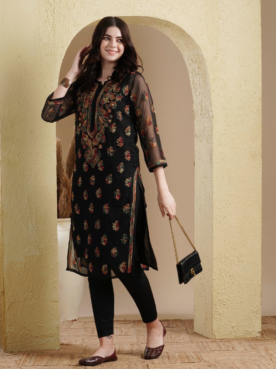 ADA Women Black Embroidered Regular Chikankari Kurta with Trousers - Distacart