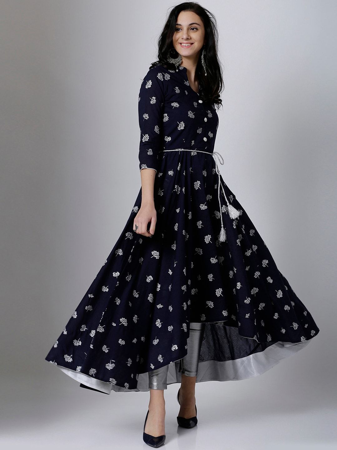 Vishudh Women Navy Blue & Silver-Toned Printed Anarkali Kurta - Distacart