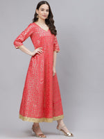 Thumbnail for AURELIA Coral Pink & Golden Ethnic Motifs A-Line Maxi Dress