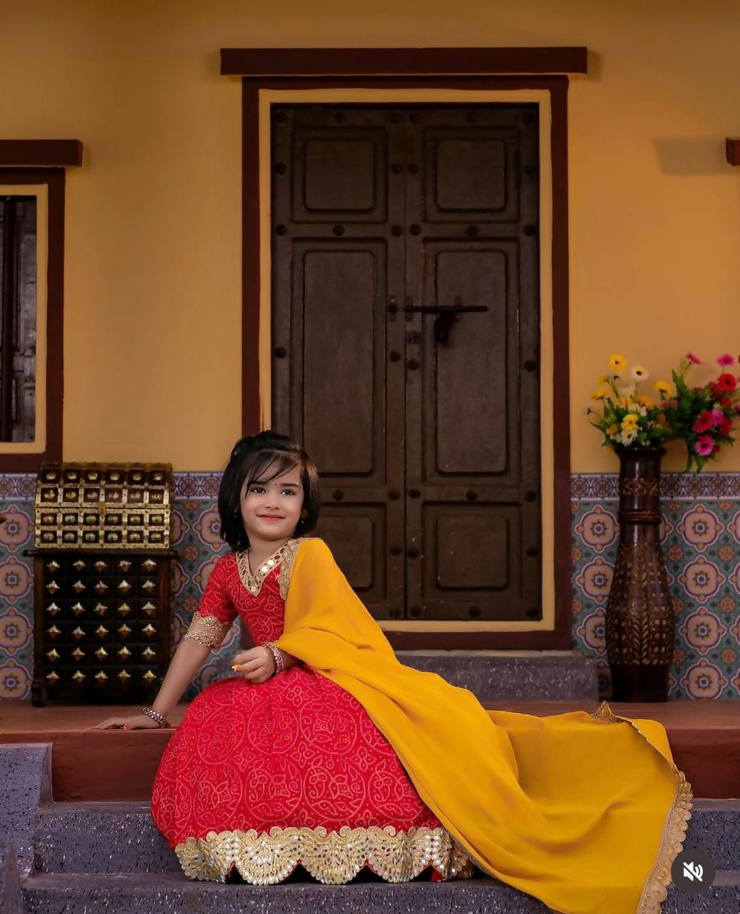 Jyoti Fashion Beautiful Red Faux Georgette Digital Printed with Sequins Embroidered Kids Lehenga Choli Set - Distacart