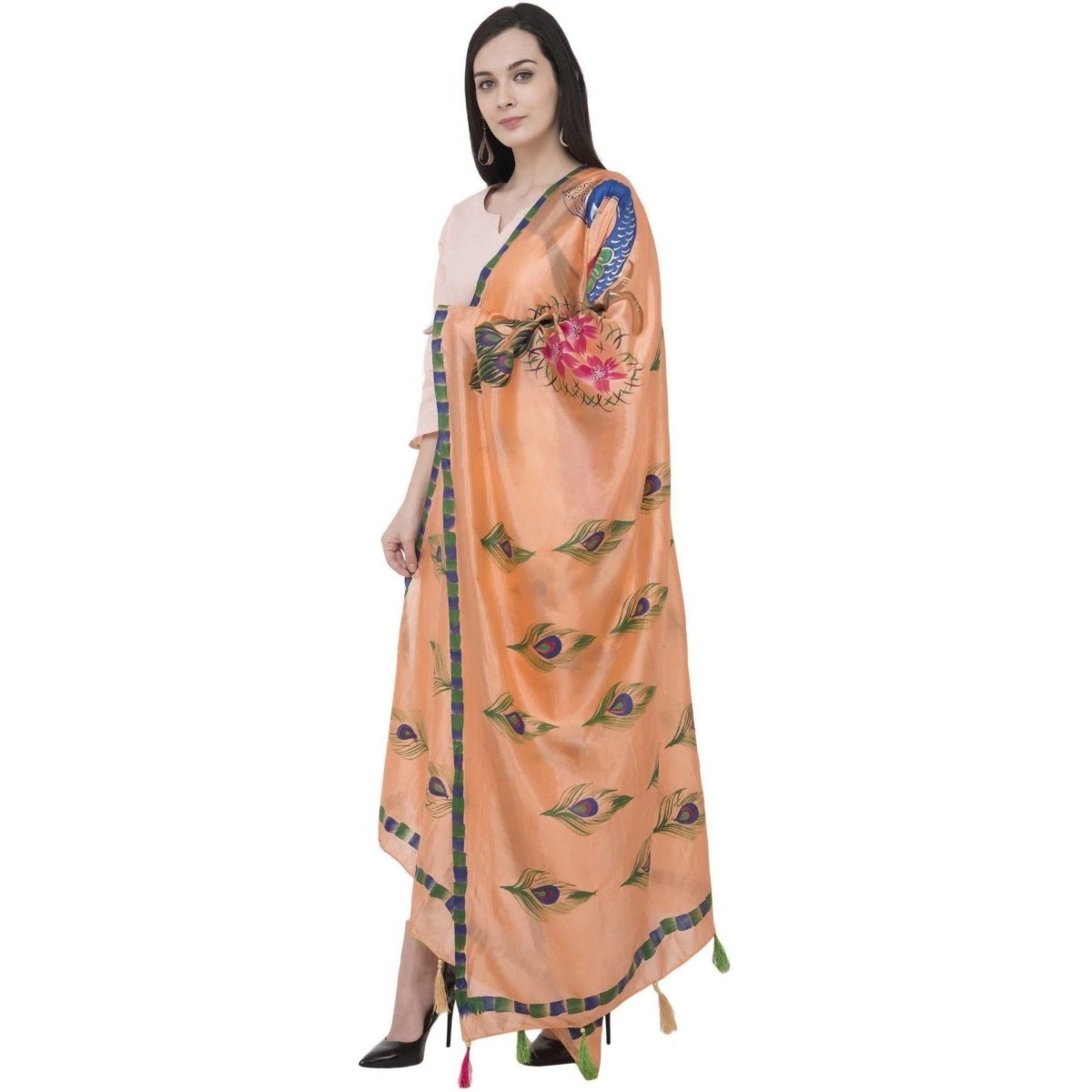 A R Silk Silk Peacock Multi Fancy Dupatta Color PEACH Dupatta or Chunni