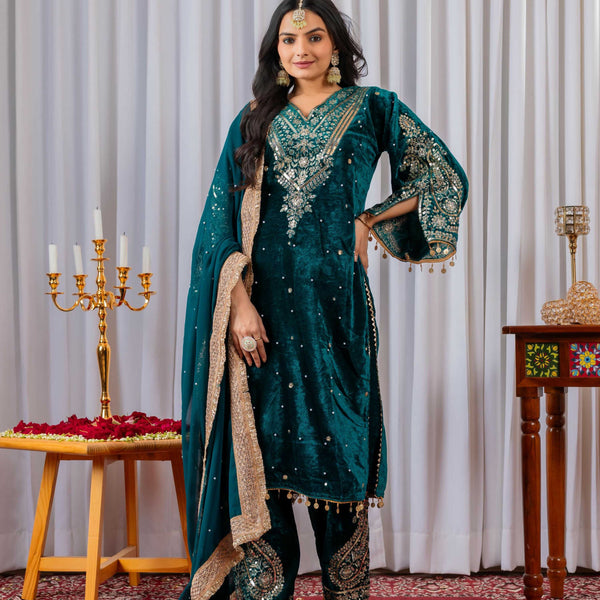 Joban Fashion Deep teal Velvet Embroidery Kurta Set - Distacart