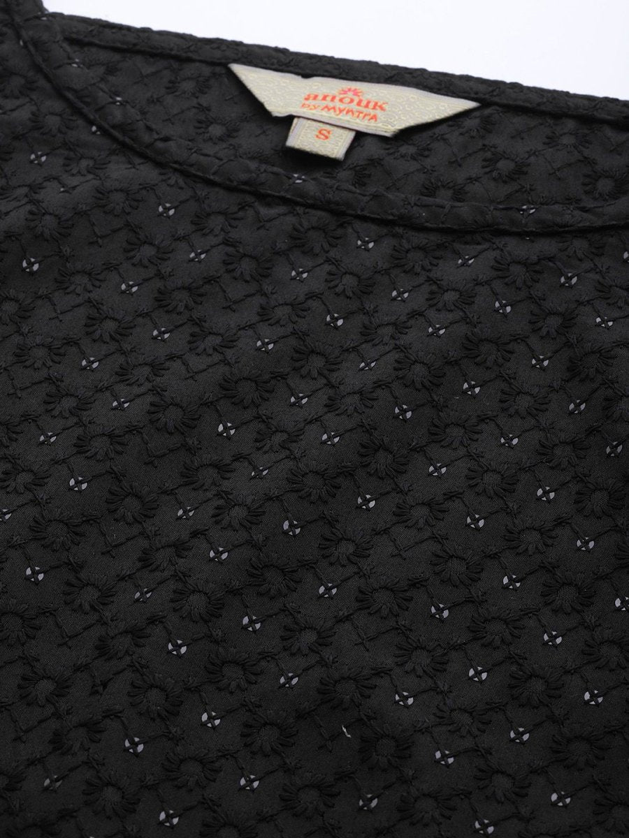 Anouk Women Black Cotton Ethnic Motifs Schiffli Embroidered Fusion Kurta - Distacart