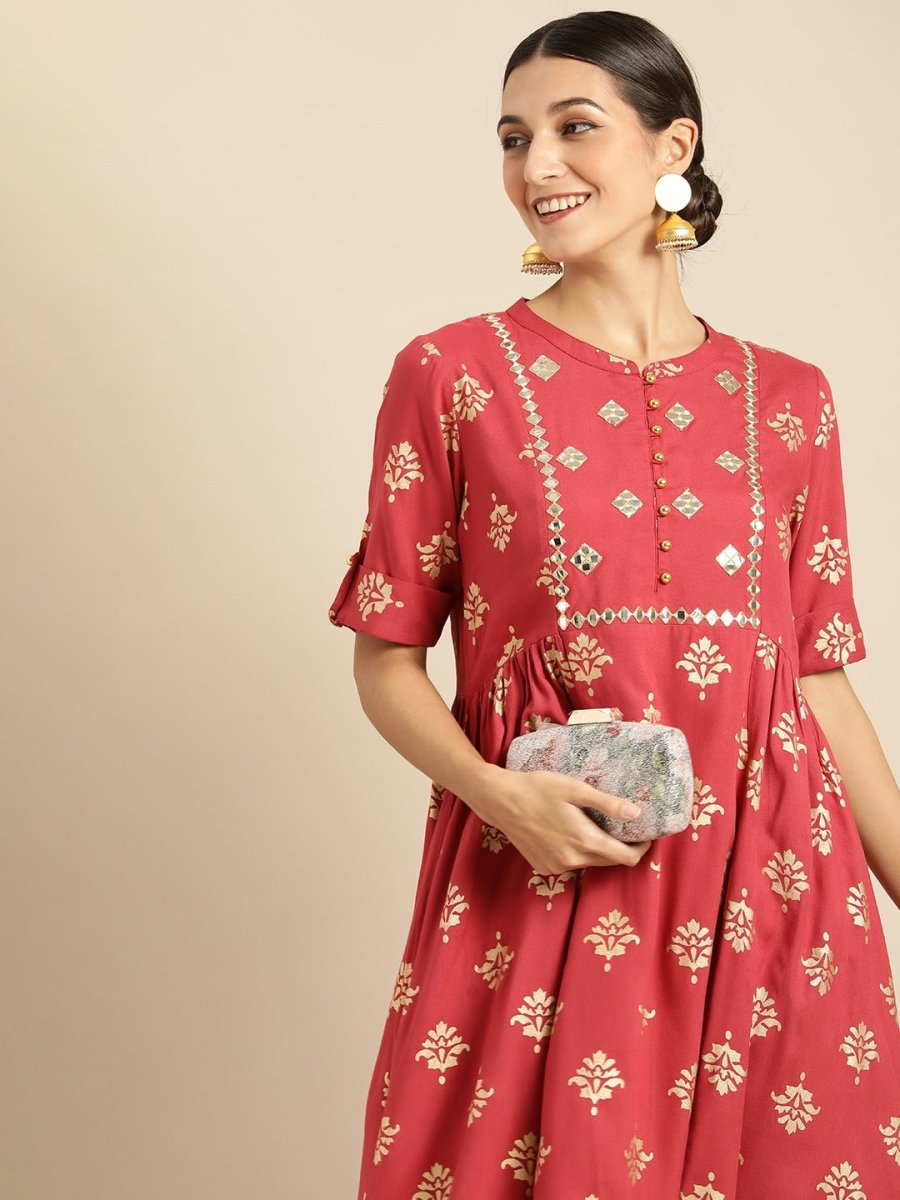 All About You Women Rust & Gold-Toned Ethnic Motifs Printed Mirror Work Kurta - Distacart