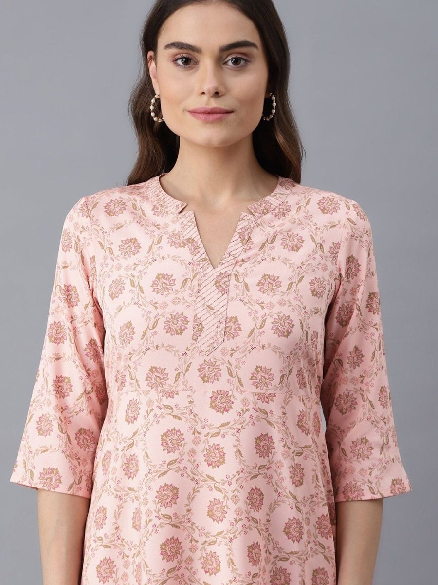 AURELIA Peach-Coloured Floral Ethnic A-Line Midi Dress - Distacart