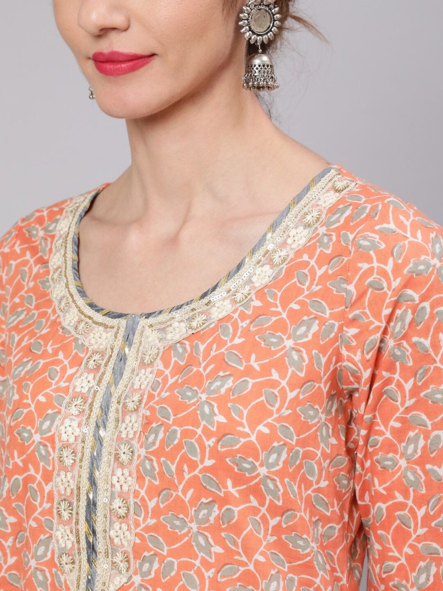 Aks Floral Printed Round Neck Cotton Straight Kurta - Distacart