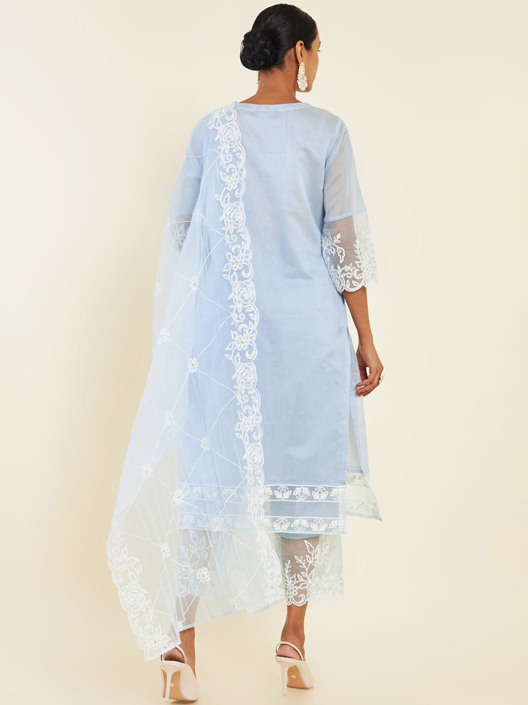 Soch Blue & White Floral Embroidered Chanderi Silk Kurta With Trousers & Dupatta - Distacart