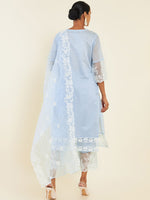 Thumbnail for Soch Blue & White Floral Embroidered Chanderi Silk Kurta With Trousers & Dupatta - Distacart