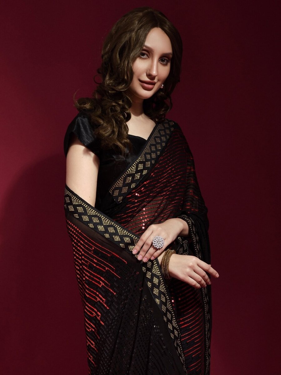 Anouk Black & Red Embellished Sequinned Pure Georgette Saree - Distacart