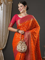 Thumbnail for Anouk Orange & Pink Ethnic Motifs Woven Design Zari Pure Georgette Kanjeevaram Saree - Distacart