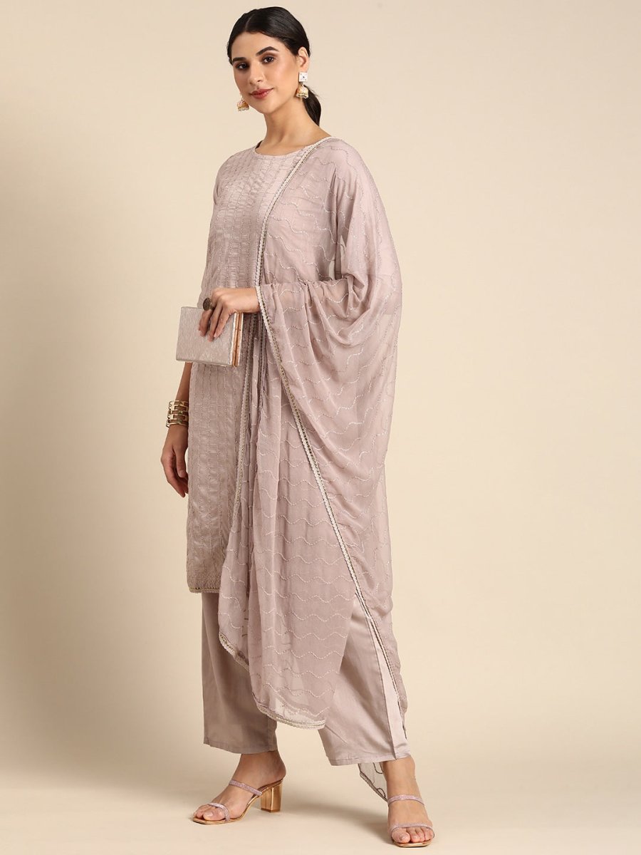 All About You Women Mauve Ethnic Motifs Embroidered Regular Sequinned Chanderi Silk Kurta with Palazzos & - Distacart