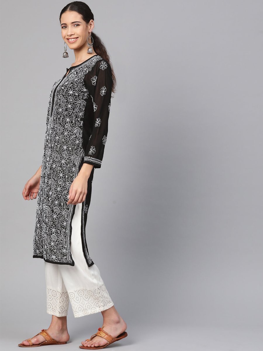 ADA Women Black & White Chikankari Hand Embroidered Semi-Sheer Straight Sustainable Handloom Kurta - Distacart