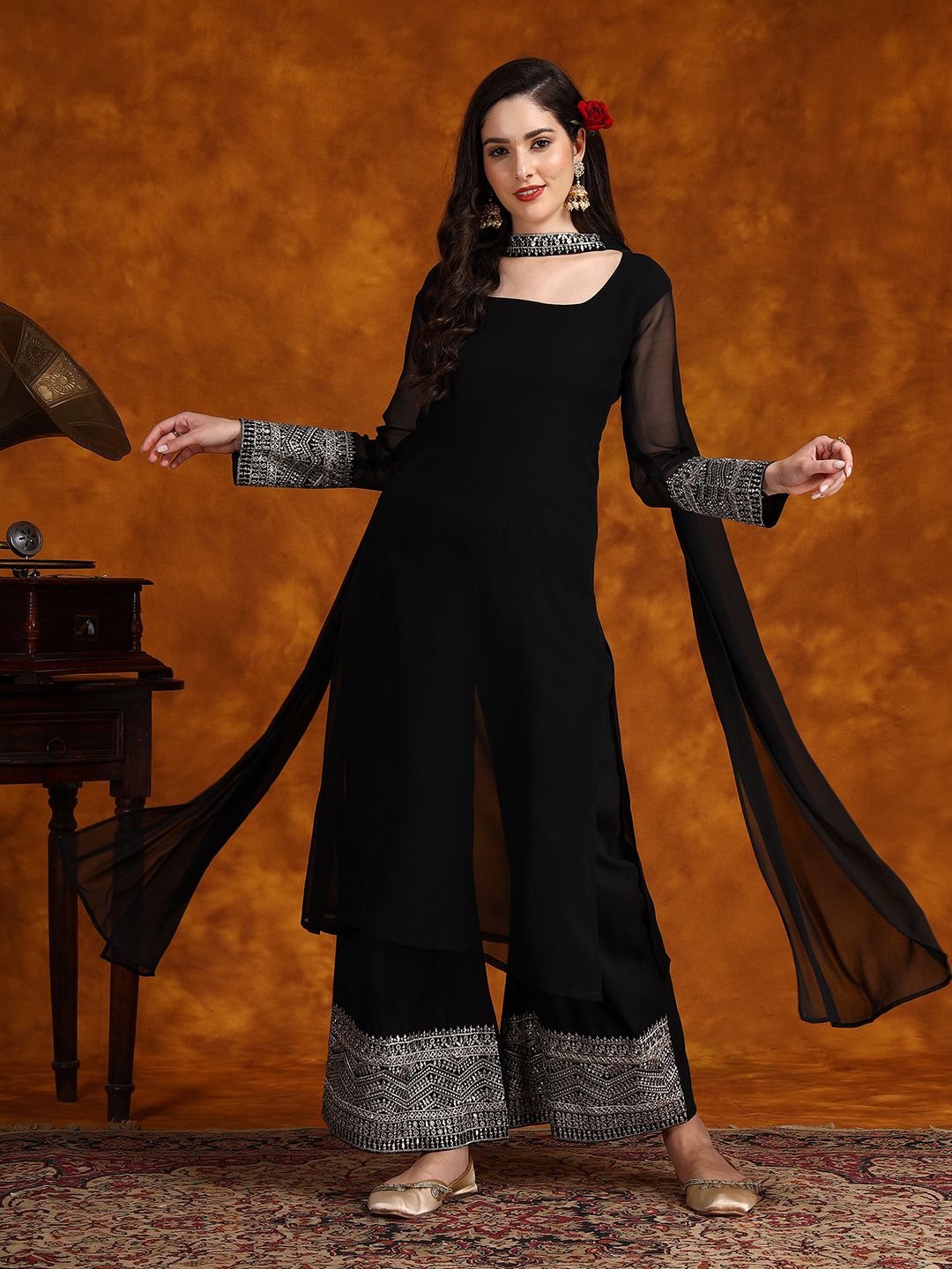 Sangria Embroidery Georgette Kurta Palazzo With Dupatta Set - Distacart