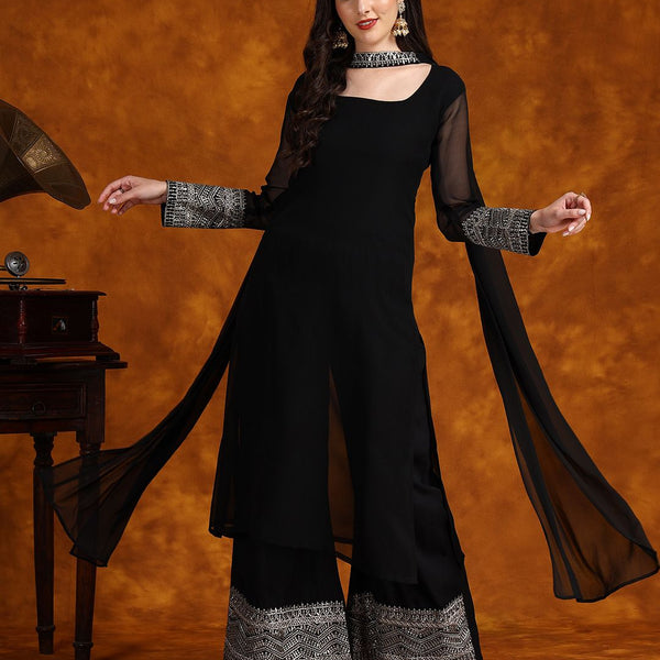 Sangria Embroidery Georgette Kurta Palazzo With Dupatta Set - Distacart