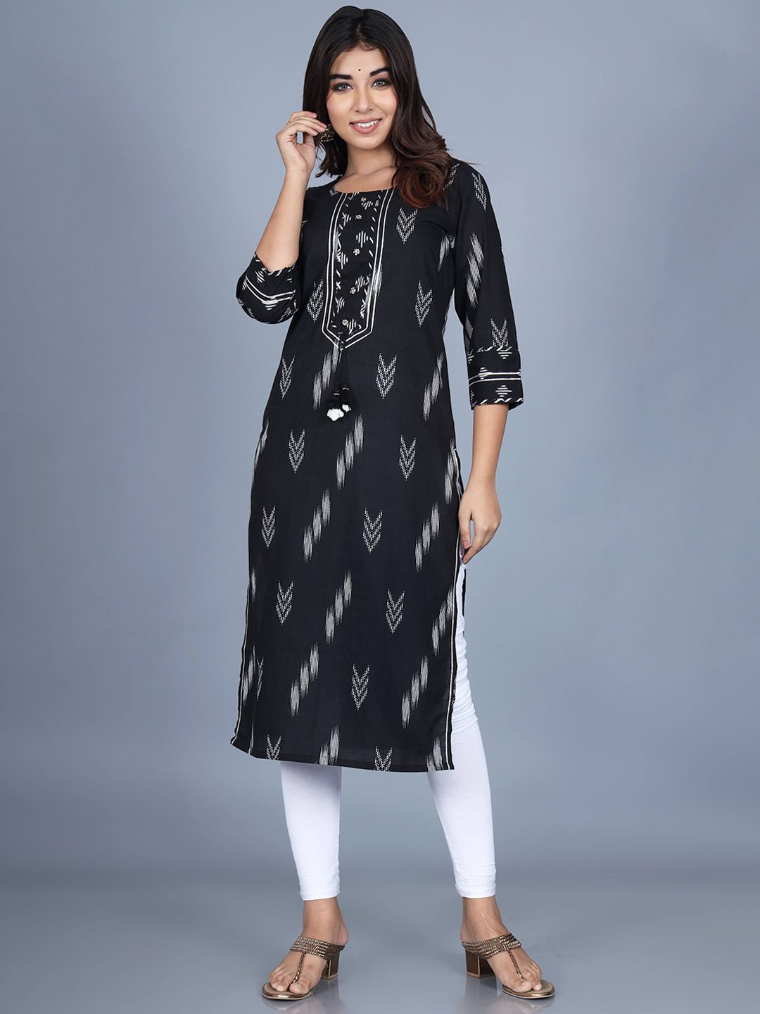 Swasti Women Black Tribal Flared Sleeves Thread Work Floral Anarkali Kurta - Distacart