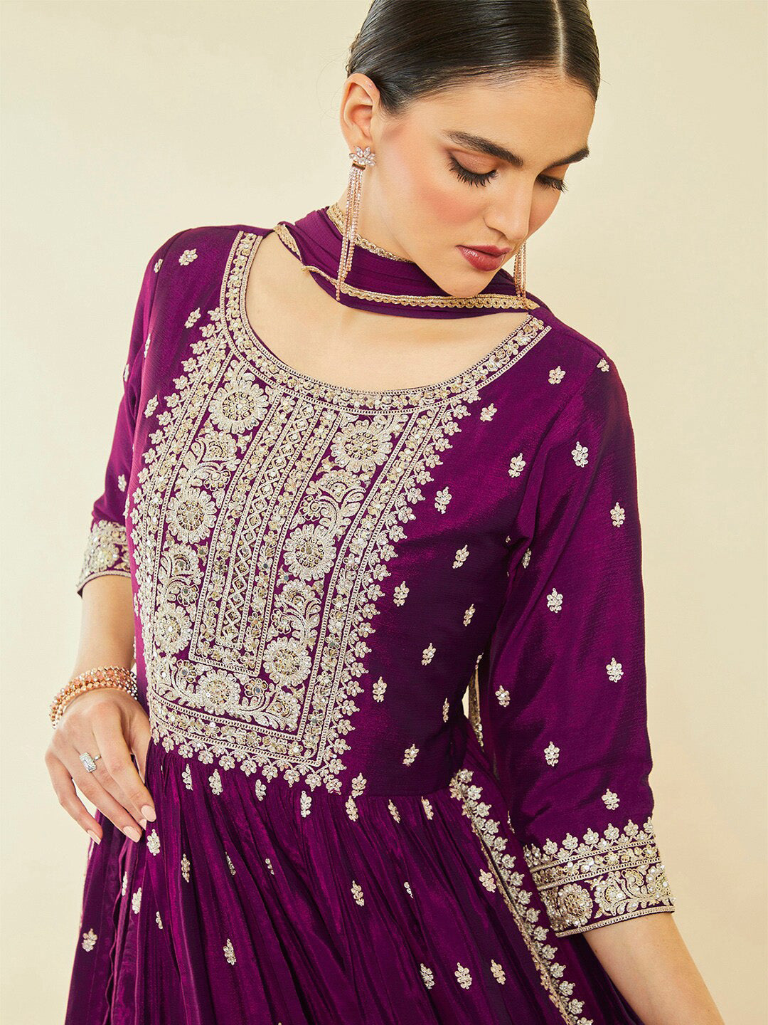 Soch Ethnic Motifs Embroidered Sequinned High Slit Kurta With Palazzos & Dupatta - Distacart