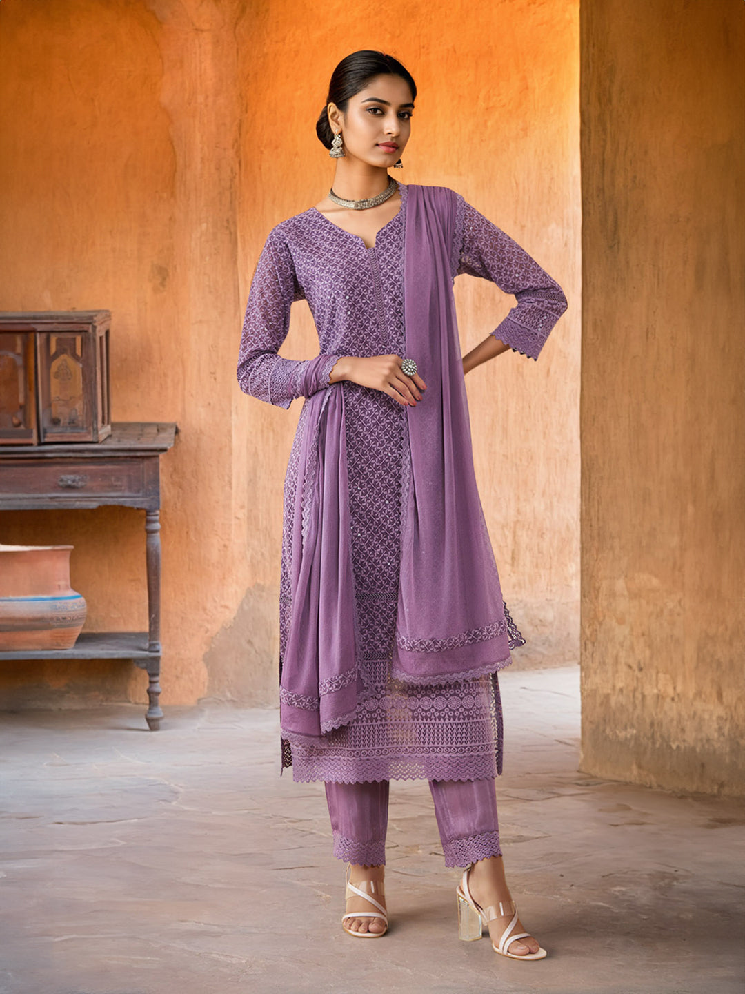 Soch Ethnic Motifs Embroidered Straight Kurta & Trousers With Dupatta - Distacart