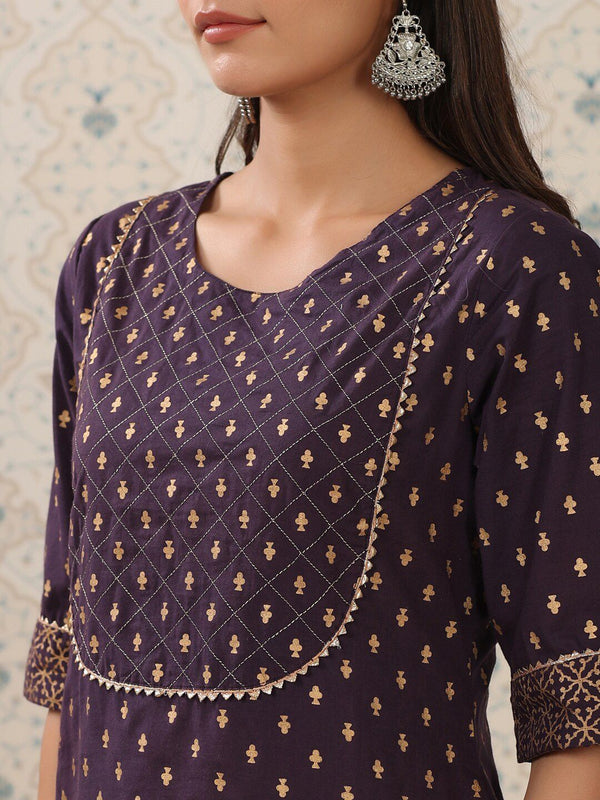 Ode by House of Pataudi Purple Floral Printed Pure Cotton Kurta With Sharara & Dupatta - Distacart