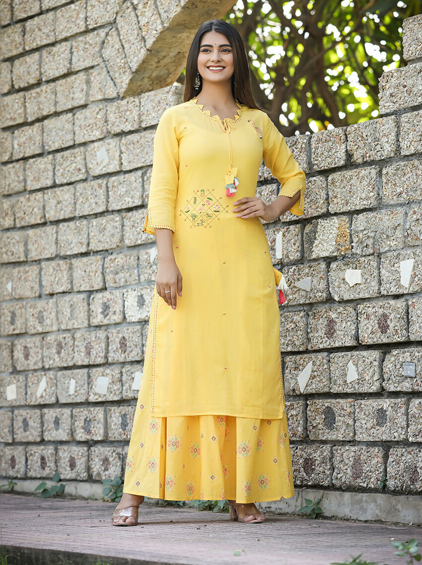 Kaajh Women's Yellow Embroidery Kurta Sharara Set - Distacart