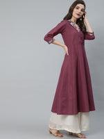 Thumbnail for Aks Notched Lapel Collar Thread Work A-Line Kurta - Distacart