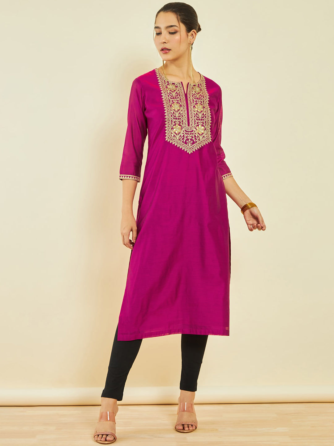 Soch Ethnic Motifs Yoke Design Notched Neck Thread Work Chanderi Silk Straight Kurta - Distacart