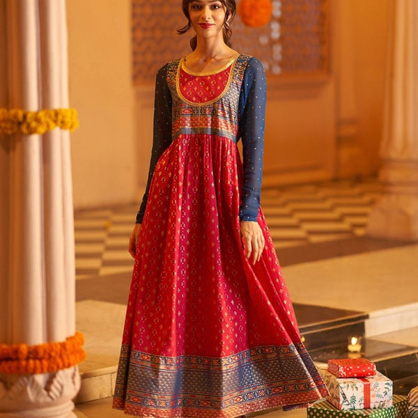 AURELIA Ethnic Motifs Printed Pure Cotton Maxi Dress - Distacart