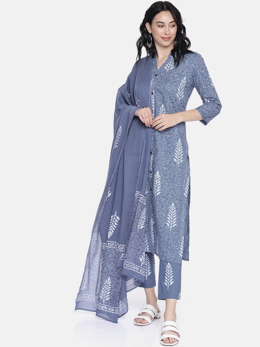 Anouk Women Blue & Grey Printed Kurta with Trousers & Dupatta - Distacart