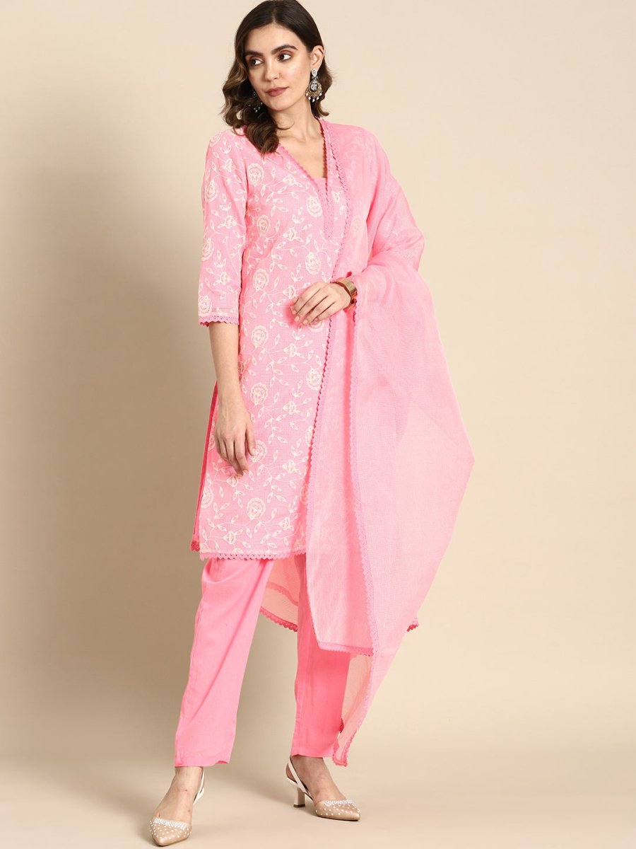 All About You Women Floral Embroidered Regular Kurta with Trousers & Dupatta - Distacart