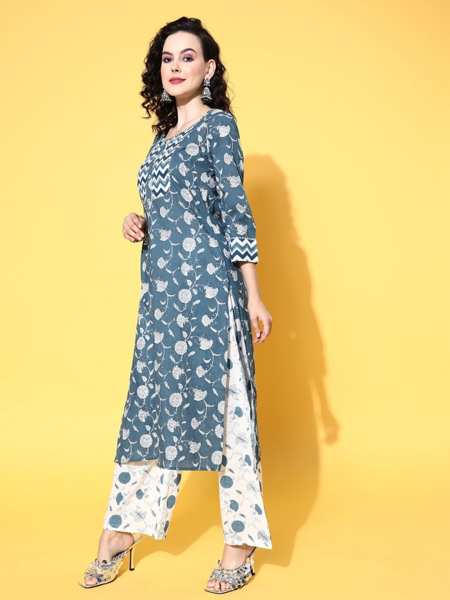 All About You Blue Floral Printed Gotta Patti Pure Cotton Kurta With Trousers & Dupatta - Distacart
