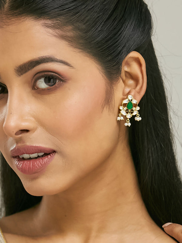 Nuyug 22K Gold-Plated Elegant Kundan & Green Stone Studded Pearl Drops Studs