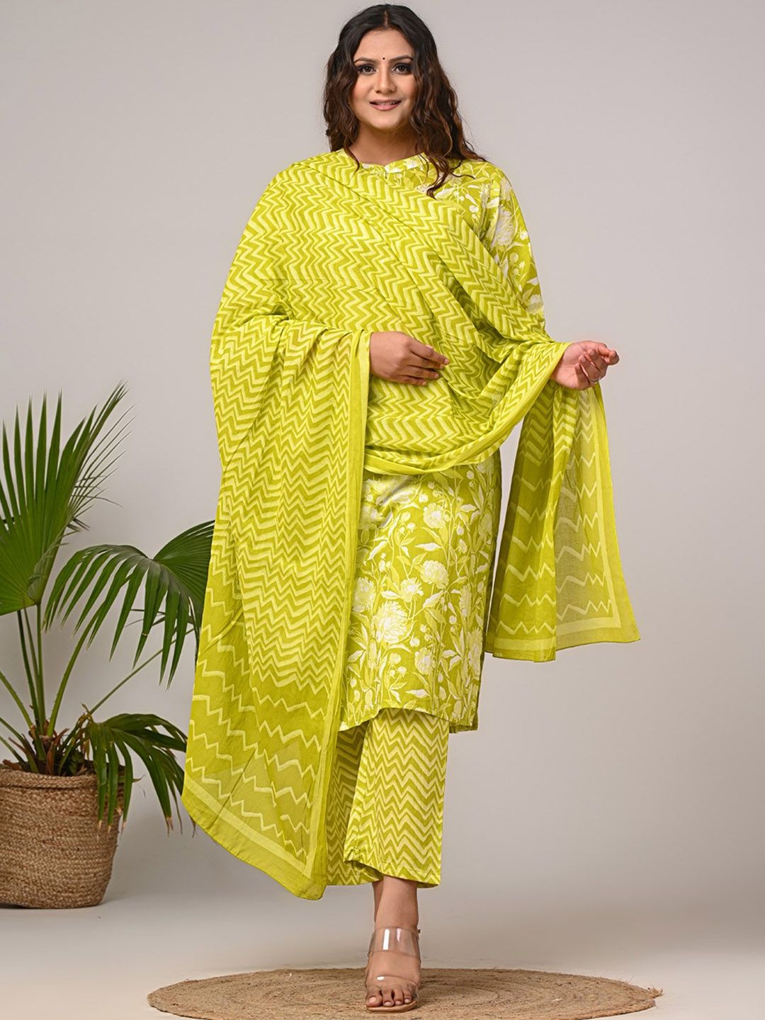 Swasti Women Floral Printed Regular Sequinned Pure Cotton Kurta with Trousers & With Dupatta - Distacart