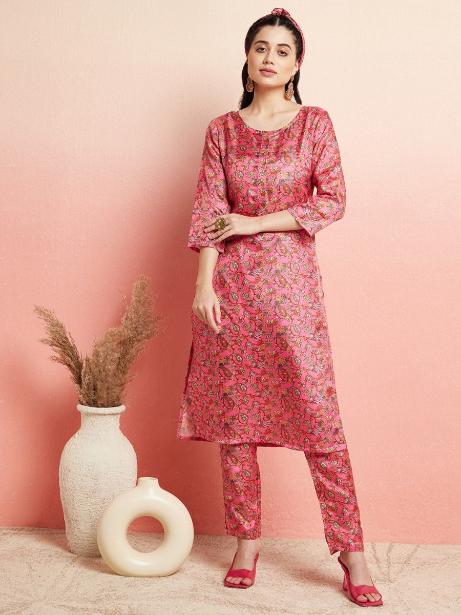 Aks Floral Printed Round Neck Kurta With Trousers - Distacart
