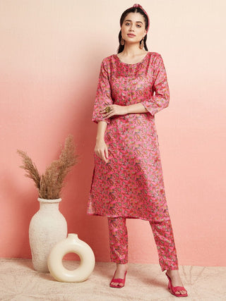 Aks Floral Printed Round Neck Kurta With Trousers - Distacart