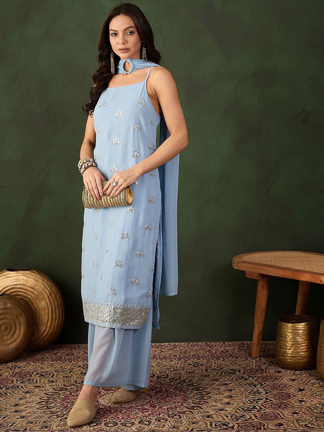Sangria Sequined Straight Kurta & Sharara With Dupatta - Distacart