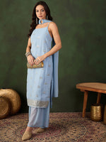 Thumbnail for Sangria Sequined Straight Kurta & Sharara With Dupatta - Distacart