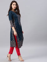 Thumbnail for Vishudh Women Navy Blue Printed A-Line Kurta