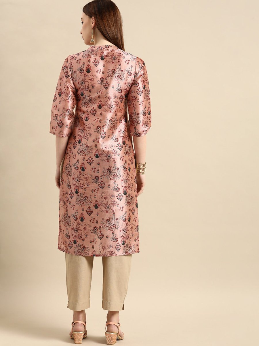 All About You Women Dusty Pink Floral Block Print Chanderi Silk Blend Straight Kurta - Distacart
