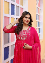 Thumbnail for Alvano Women's A-line Naira Cut Embroidery work Print Kurti with Pant and Dupatta set Rayon (Red) - Distacart