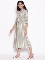 Thumbnail for AURELIA Olive Green & White Striped Shirt Midi Dress With Waist Tie Up