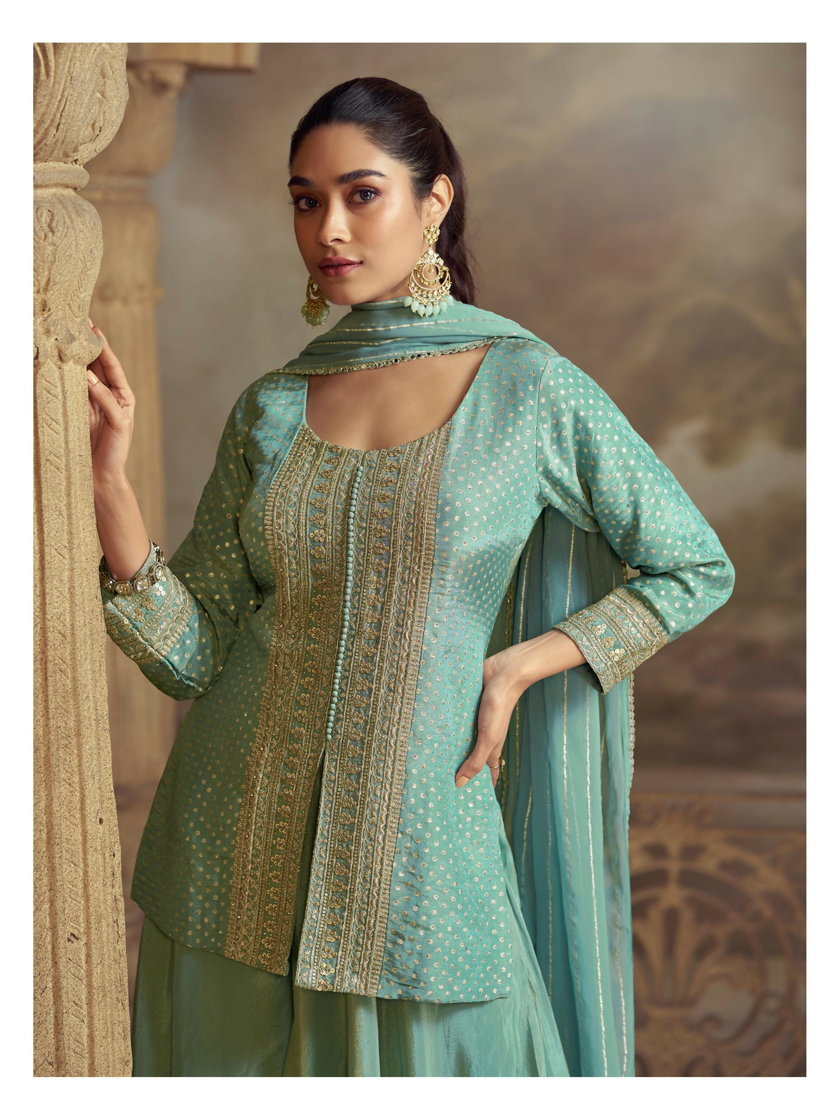 Anaita Sky Blue Georgette Readymade Suit with Embroidery Work - Distacart