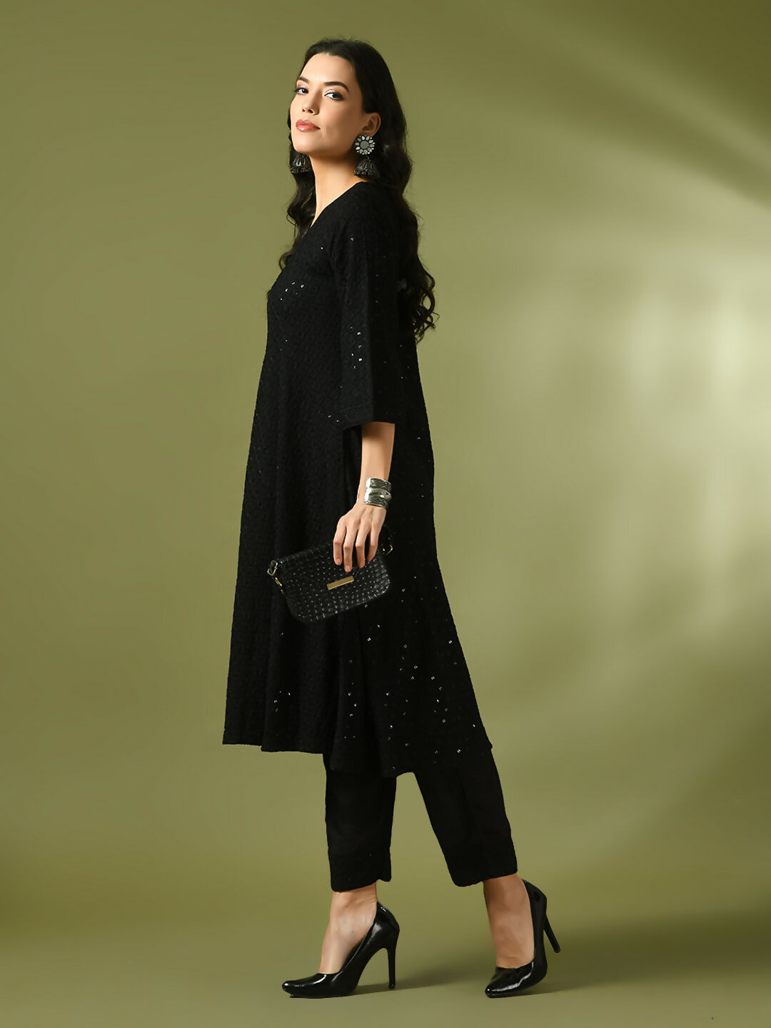 Myshka Women's Black Embroidered Cotton A-Line Party Kurta Set - Distacart