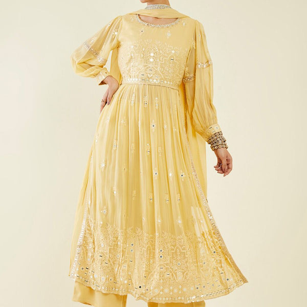 Soch Floral Embroidered Mirror Work Kurta With Palazzos & Dupatta - Distacart